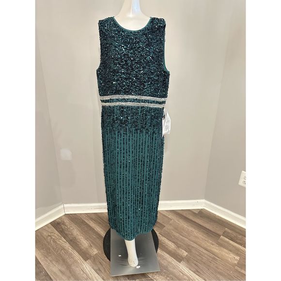 MAC DUGGAL SLEEVELESS HIGH NECK BEADED MIDI SHEATH DRESS - Picture 8 of 9